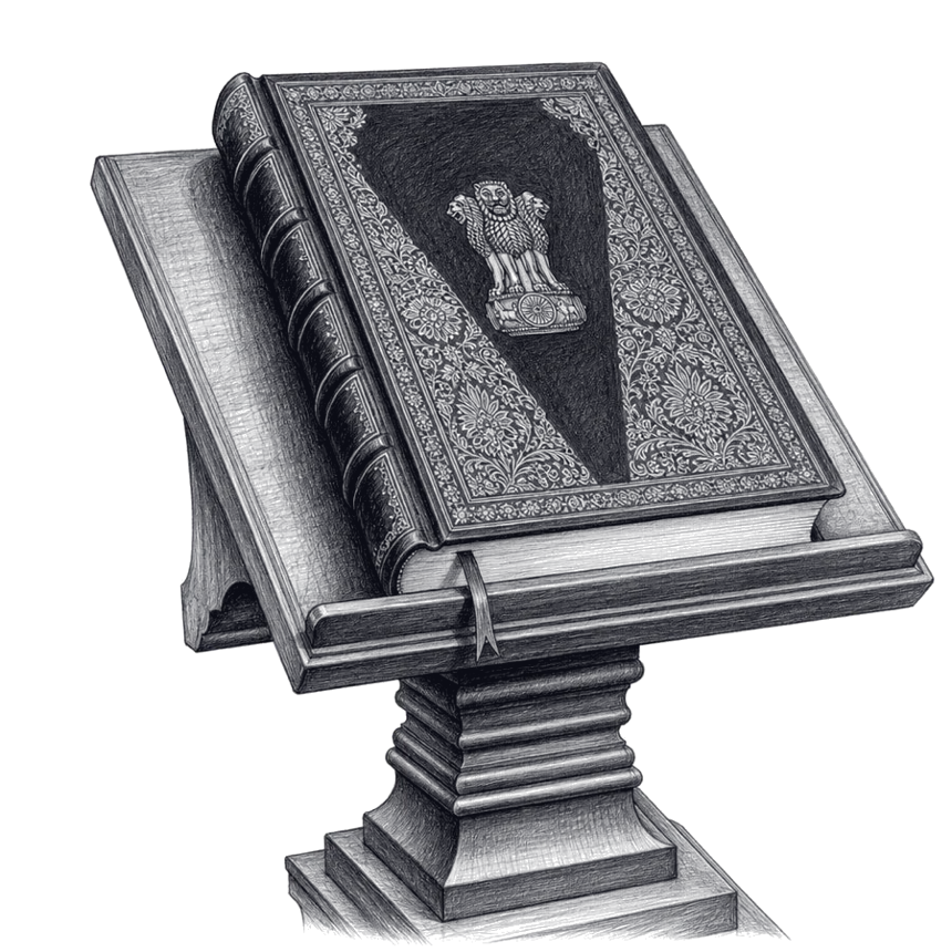 Line drawing of the Constitution of India, open — 1,607 central and state acts are searchable section by section