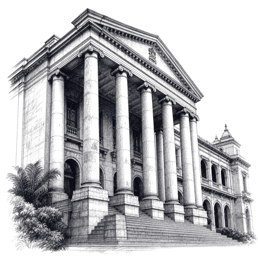 Pen sketch of courthouse pillars and steps, drawn in the Lawgger house style
